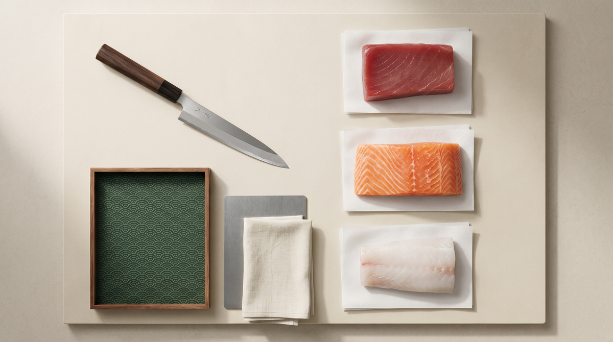 Portioned saku blocks of salmon, tuna and sea bass arranged with a yanagiba knife on a cream prep surface, illustrating EU raw fish regulations