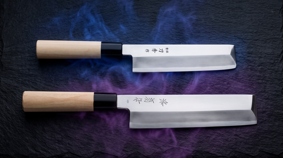Toshu Usuba 180mm and Sakai Kikumori Usuba 210mm side by side in rare blue and unique purple, an example of Japanese knife tiers