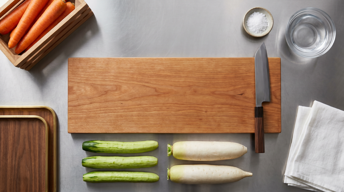 A complete sushi vegetable prep station mise en place with cucumbers, daikon, carrots, and a usuba knife on a stainless-steel surface before service