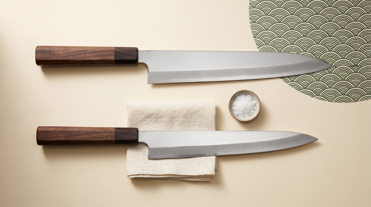 A yanagiba single-bevel slicer and a sujihiki double-bevel slicer laid side by side on a cream prep surface, knife comparison flat-lay
